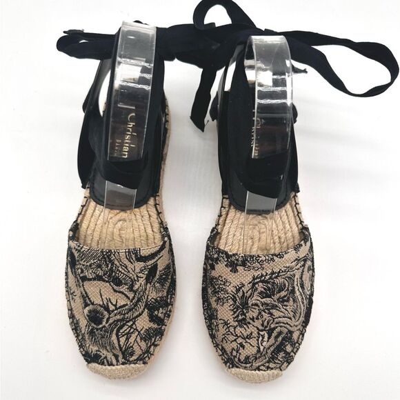 Dior Embroidered Canvas & Leather Ankle Tie Espadrille Flats EU 37.5 US 7.5 - Picture 2 of 11